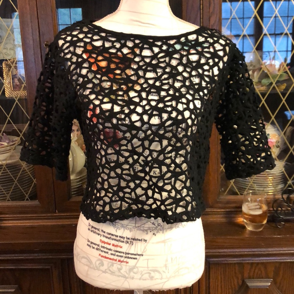 Cropped black mesh shirt